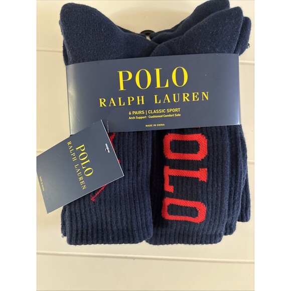 Polo Ralph Lauren Classic Sport 6-Pair Crew Athletic Socks Navy Red Pony 10-13 - Picture 2 of 5